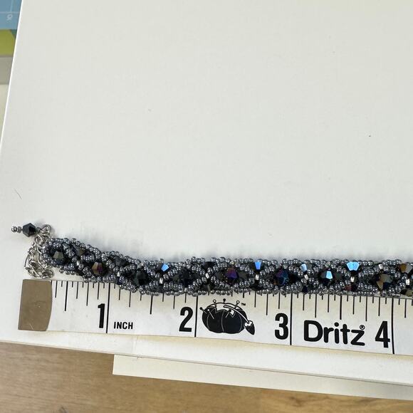 Black purple silver hand beaded necklace 12mm hand bezeled purple crystal 21" - Picture 6 of 8